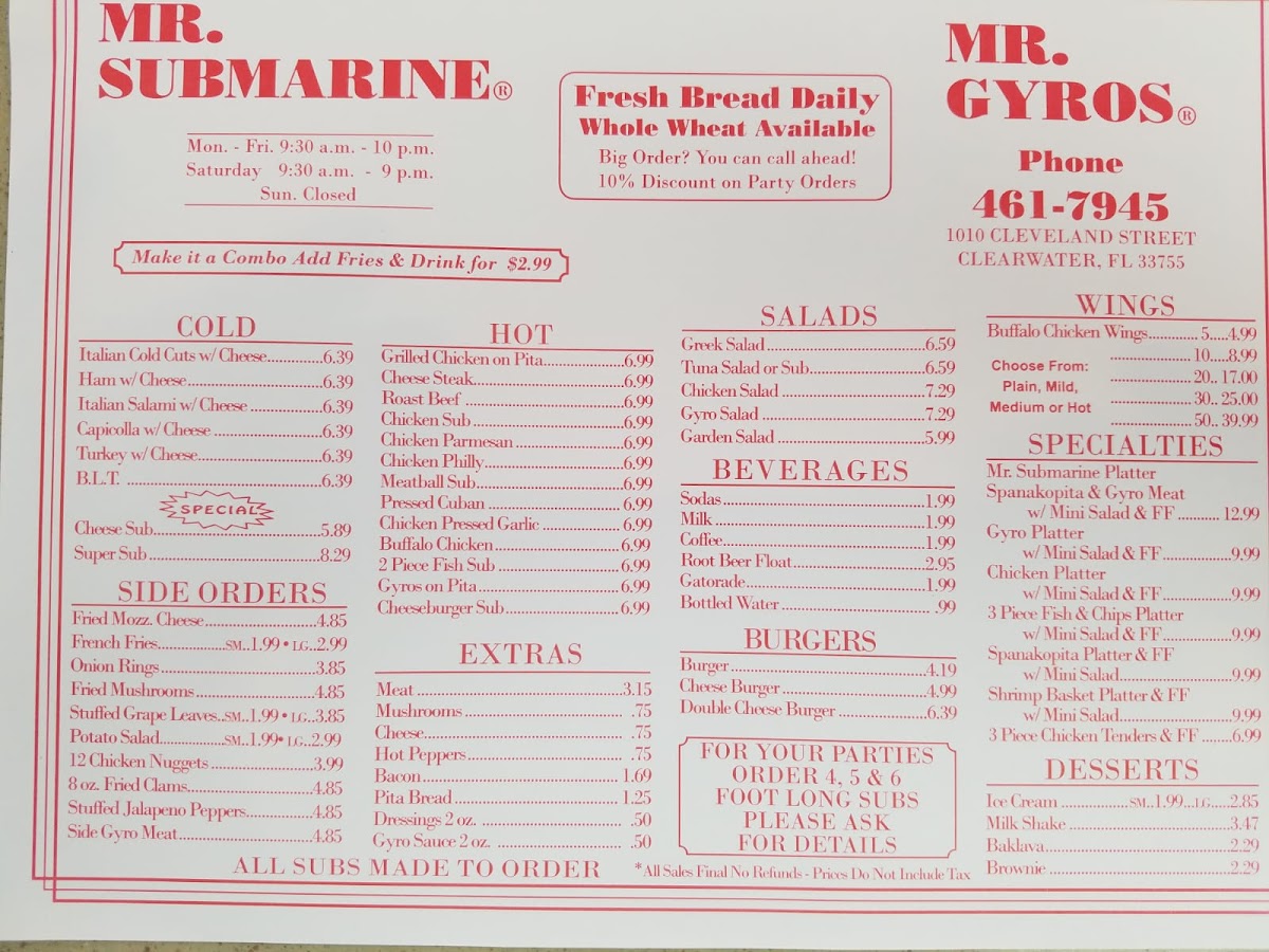 Mr Submarine-Mr Gyros Menu - Image 2
